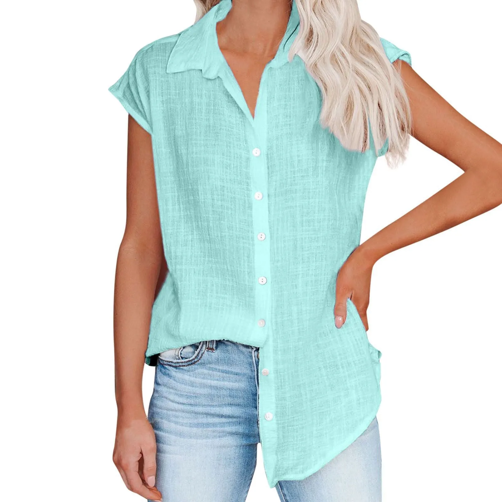 Casual Collared Button Down Short Sleeve Top