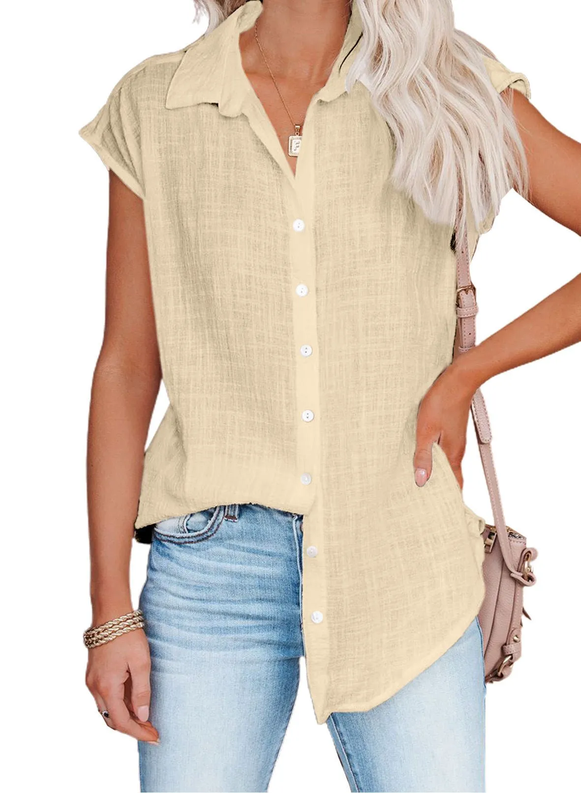 Casual Collared Button Down Short Sleeve Top