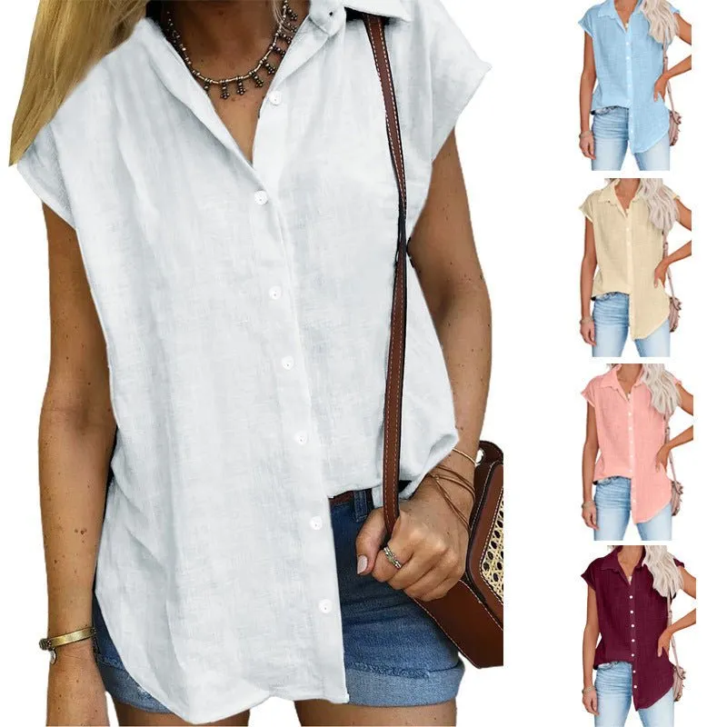 Casual Collared Button Down Short Sleeve Top