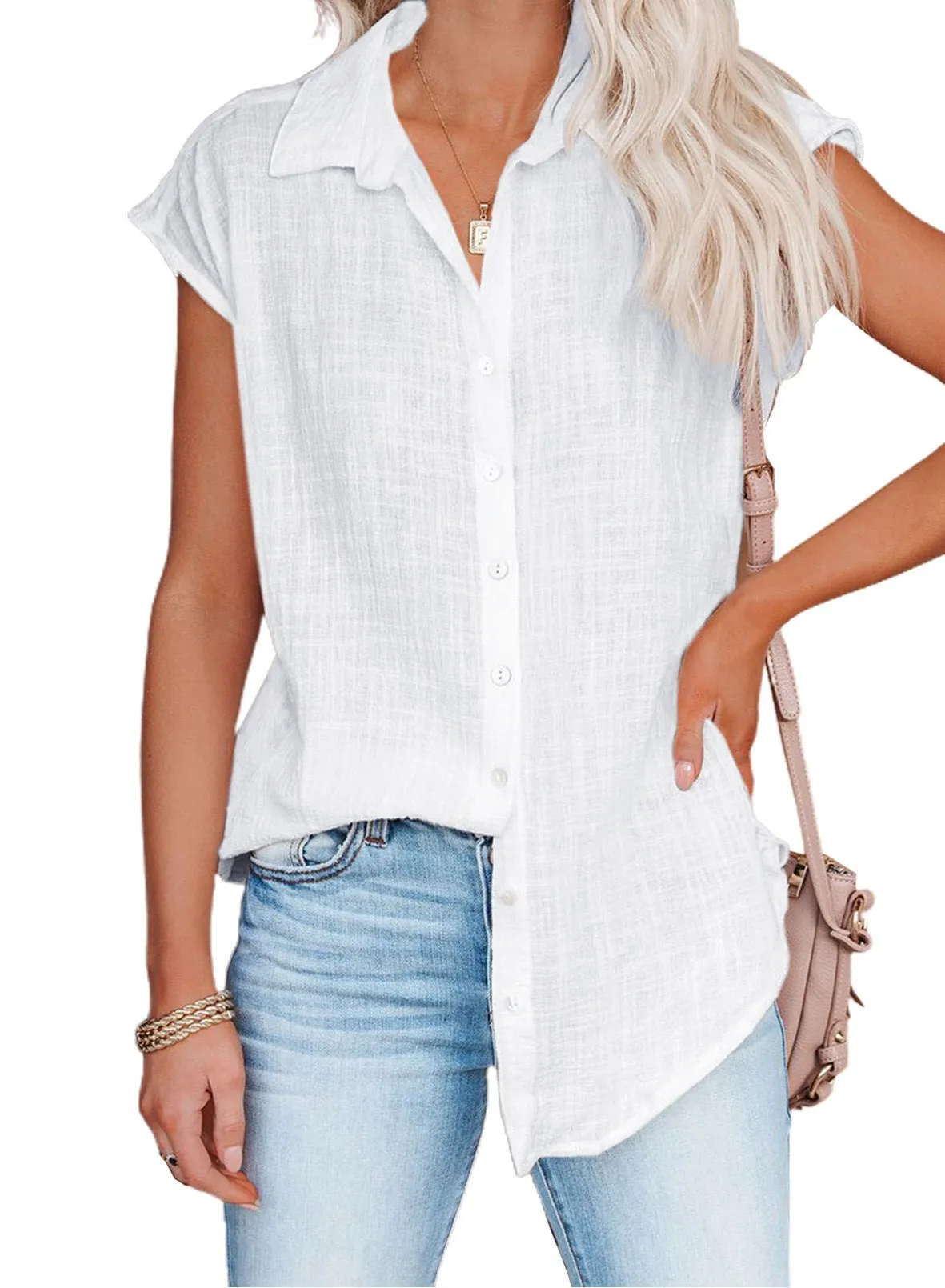 Casual Collared Button Down Short Sleeve Top