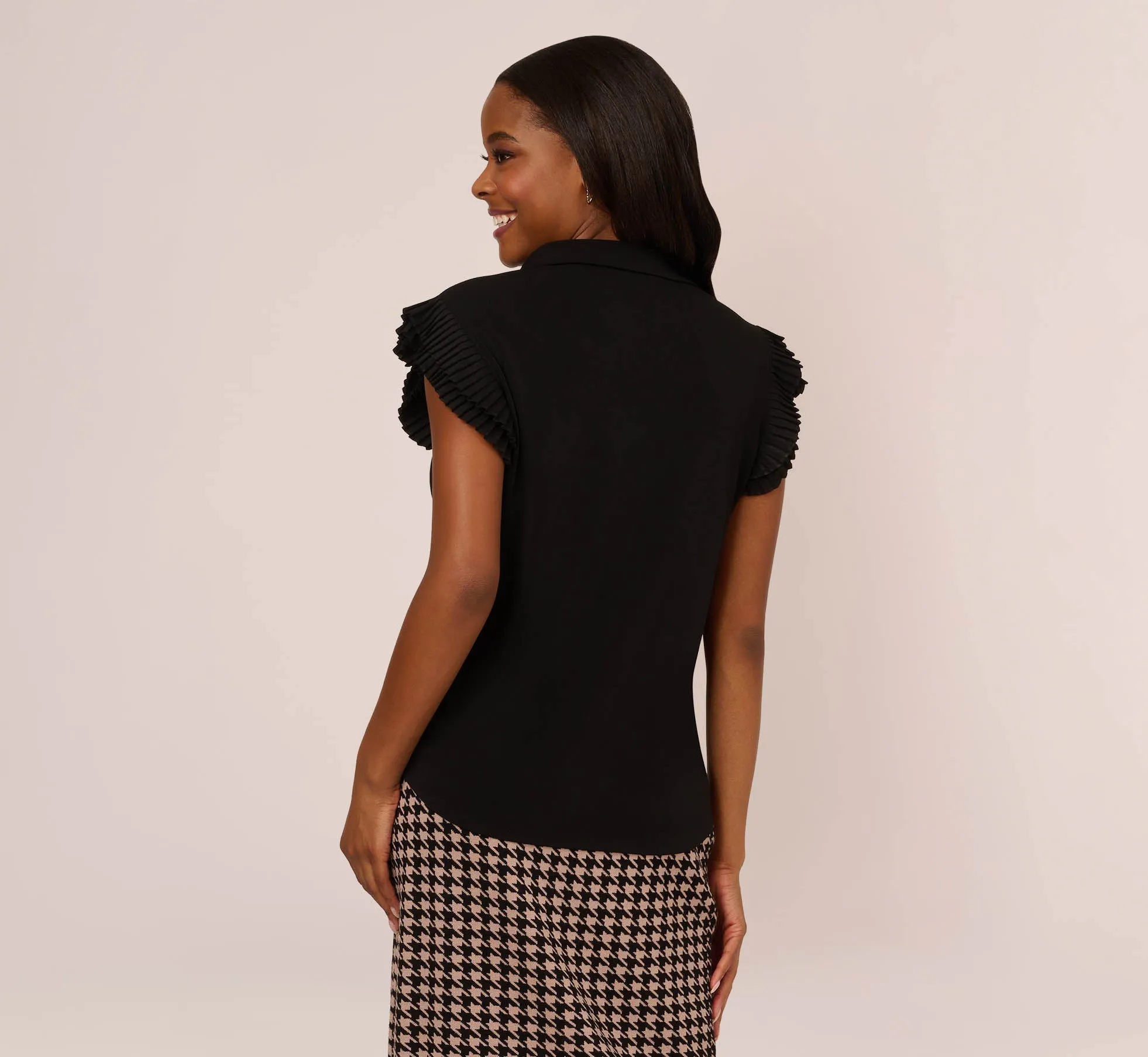 Collared Button Up Top With Flutter Sleeves In Black