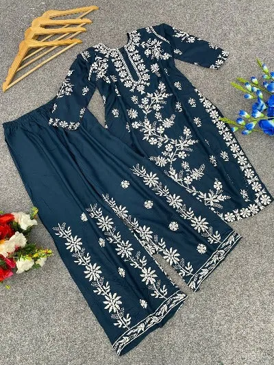 Cotton Chikankari Work Kurti Palazzo Set