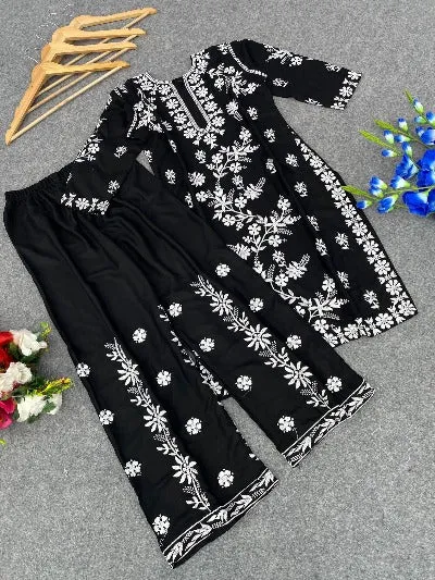 Cotton Chikankari Work Kurti Palazzo Set