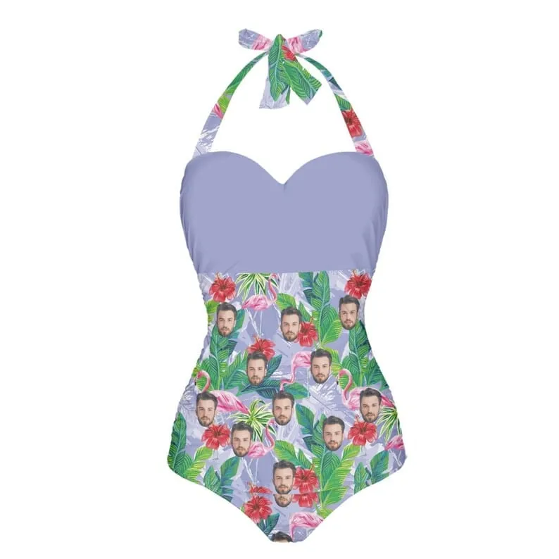 Custom Face Purple Strap Personalized One-piece Retro Bikini Swimsuit Custom One Piece Bathing Suits