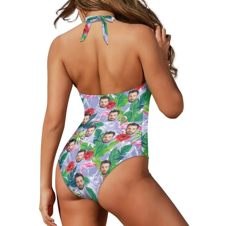 Custom Face Purple Strap Personalized One-piece Retro Bikini Swimsuit Custom One Piece Bathing Suits