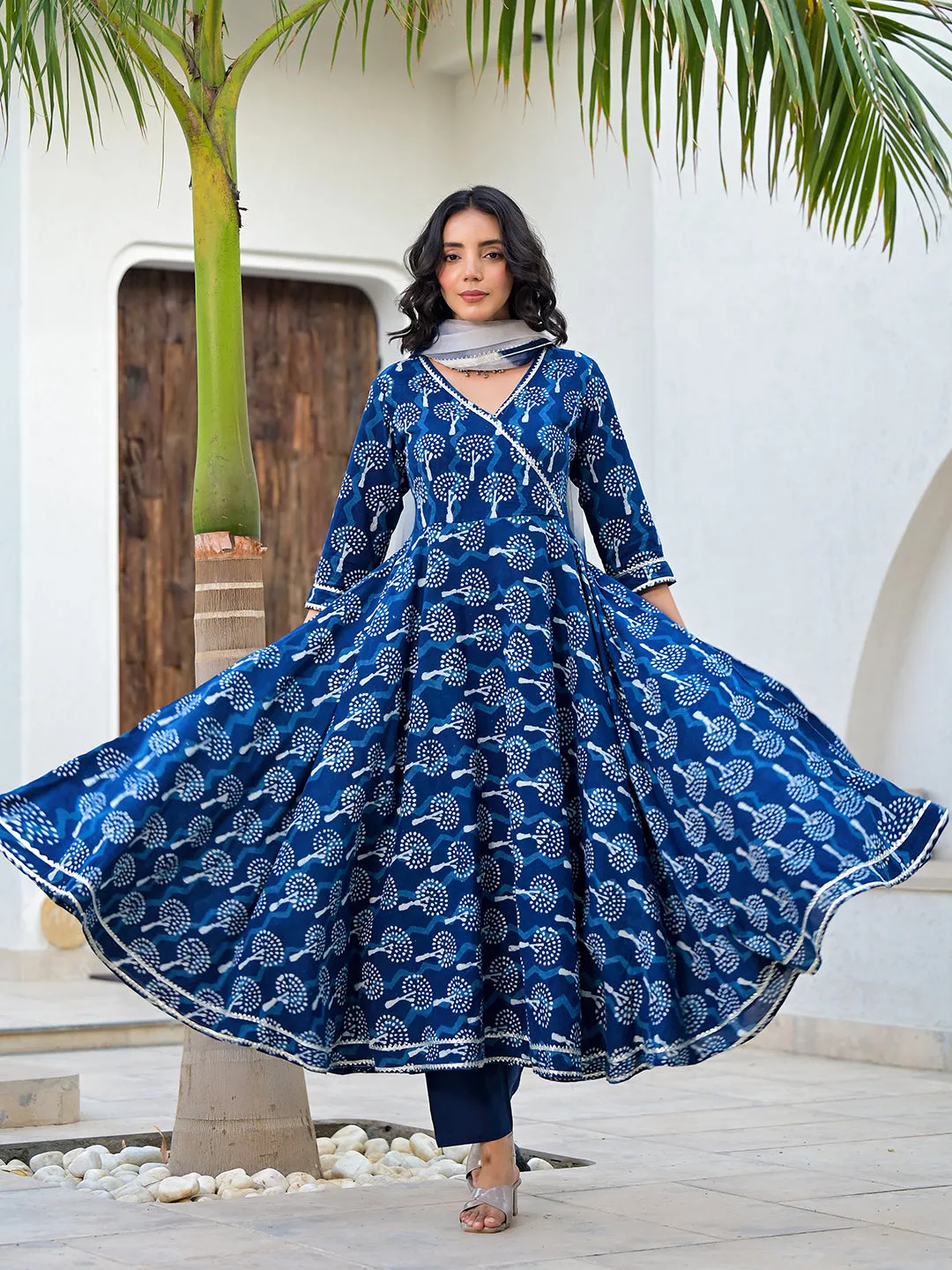 Divena Indigo Blue HandBlock Print Cotton Anarkali Kurta Set with Organza Dupatta