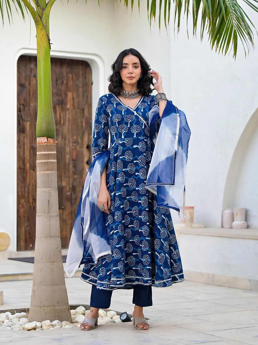 Divena Indigo Blue HandBlock Print Cotton Anarkali Kurta Set with Organza Dupatta