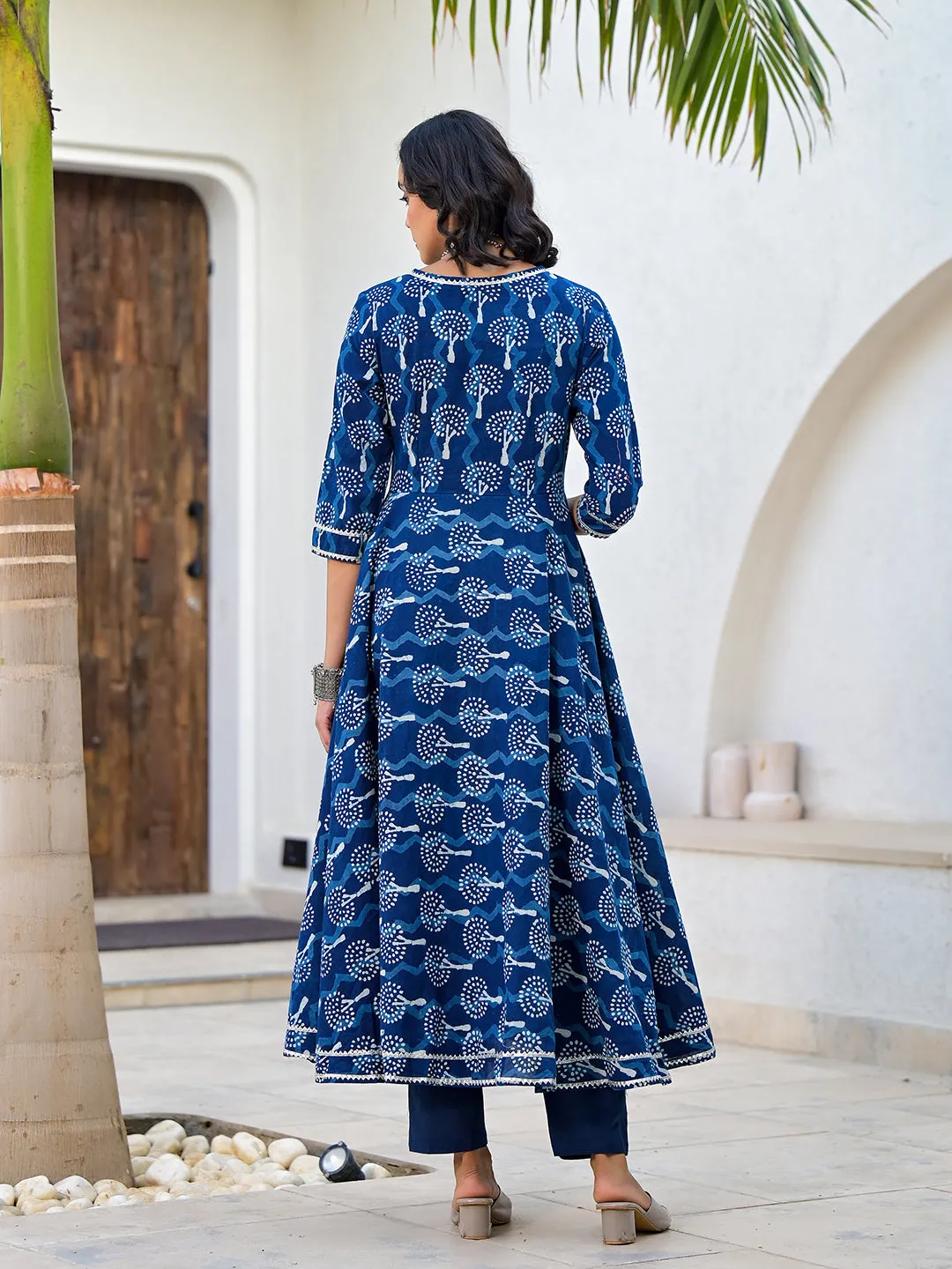 Divena Indigo Blue HandBlock Print Cotton Anarkali Kurta Set with Organza Dupatta