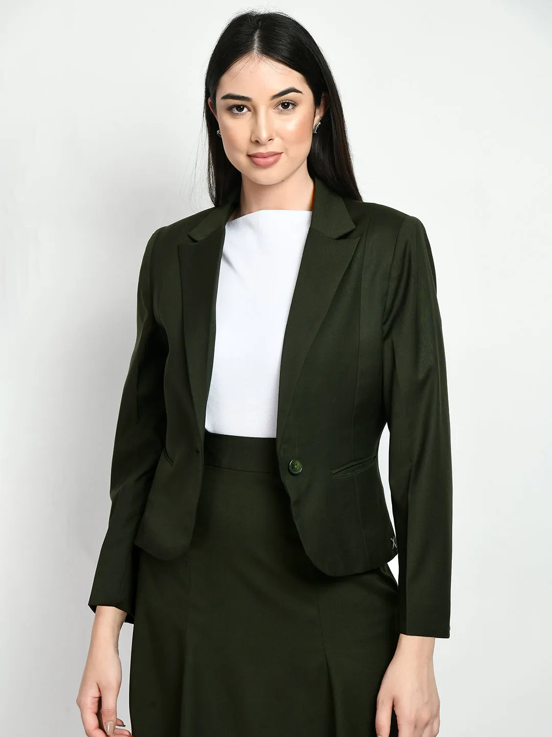 Exude Joy Solid Short Blazer Pencil Skirt Suit (Olive)