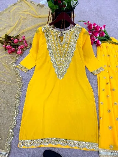 Haldi Yellow Georgette Real Mirror Handwork Designer Palazzo Suit Set