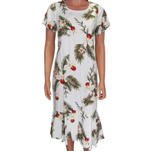 Half Sleeve Hawaiian Rayon Dress with White Orchid and White Background