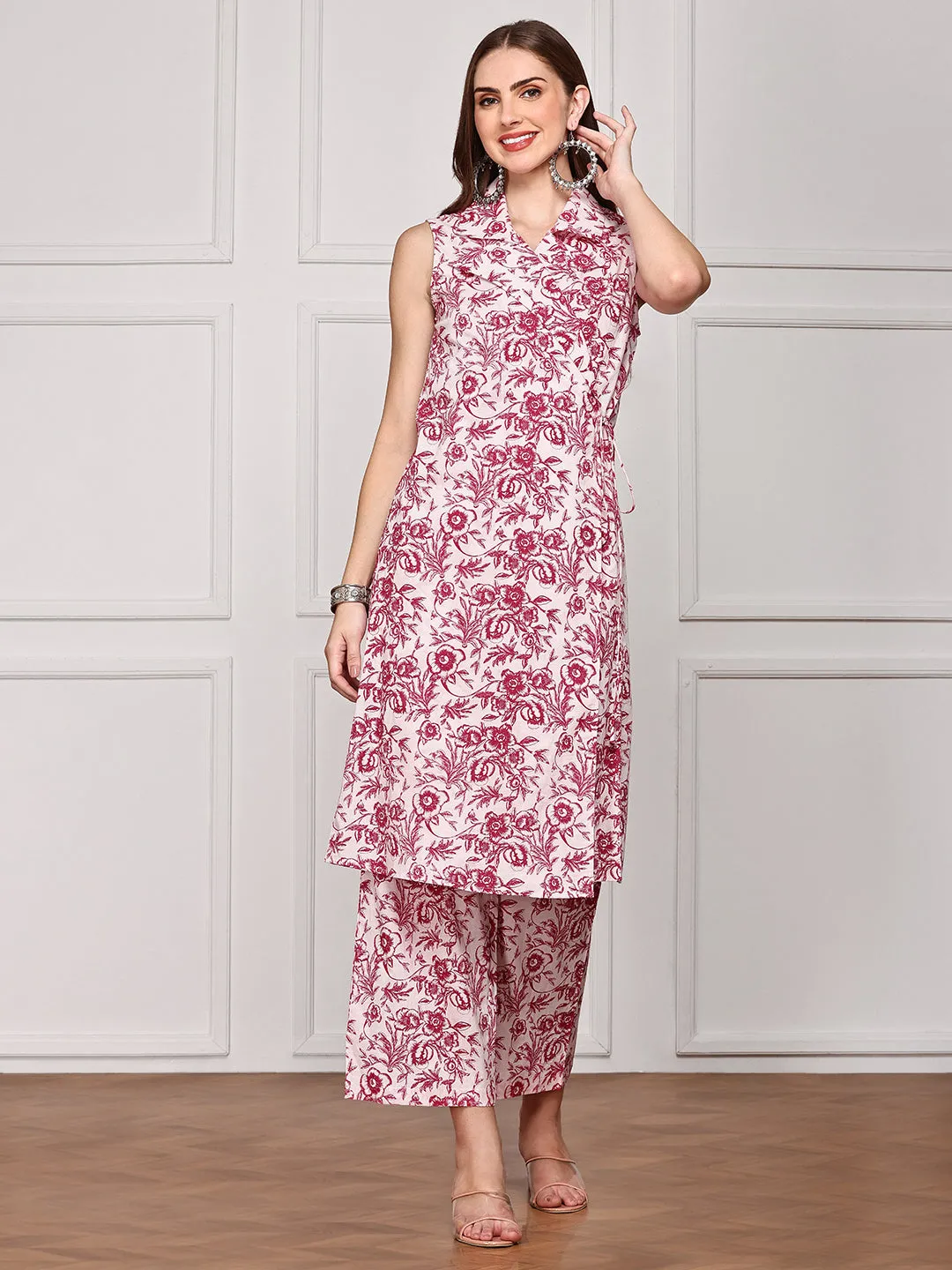 ISHIN Women Floral Printed Pure Cotton Crop Top & Trouser With Jacket Co-Ords Set