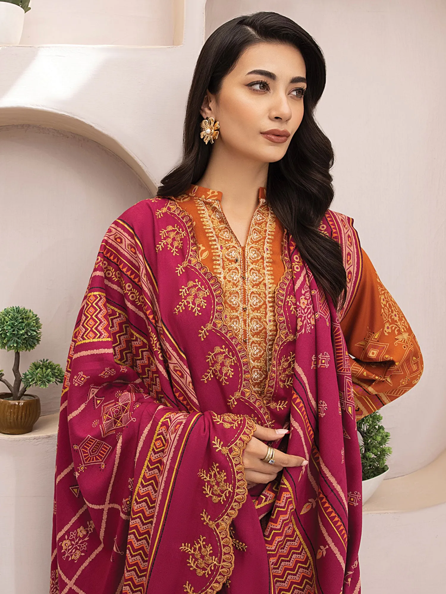 Lakhany Rust Orange Unstitched Pashmina Embroidered Suit (LG-EA-0491)