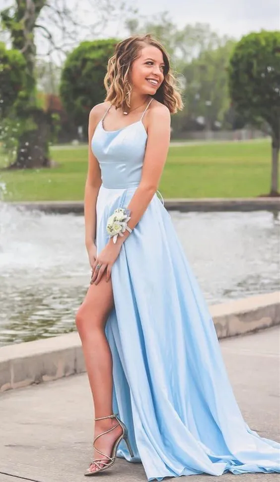 Light Blue Prom Dress with Slit, Evening Dress ,Winter Formal Dress, Pageant Dance Dresses, Graduation School Party Gown, PC0181