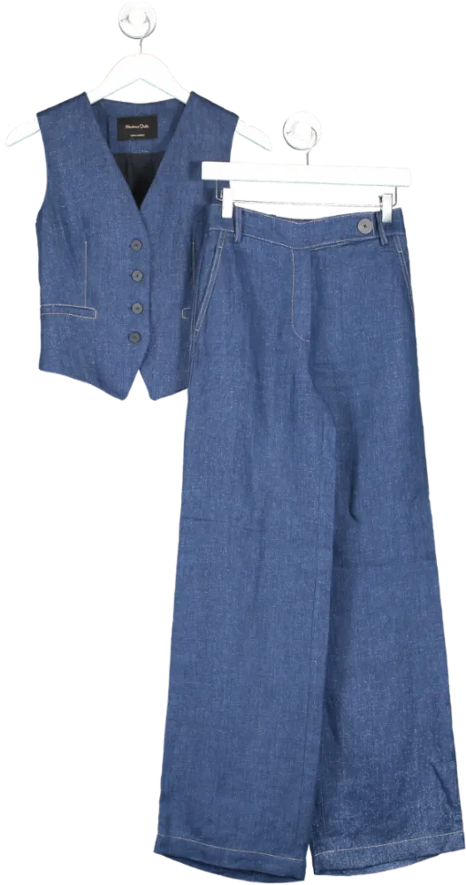 Massimo Dutti Blue Linen Waistcoat With Top Stitching & Matching Wide Leg Trousers UK 8