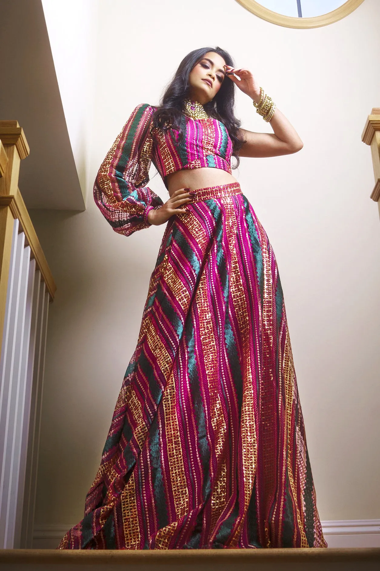 MAYRA Green and Pink Sequin Lehenga Skirt