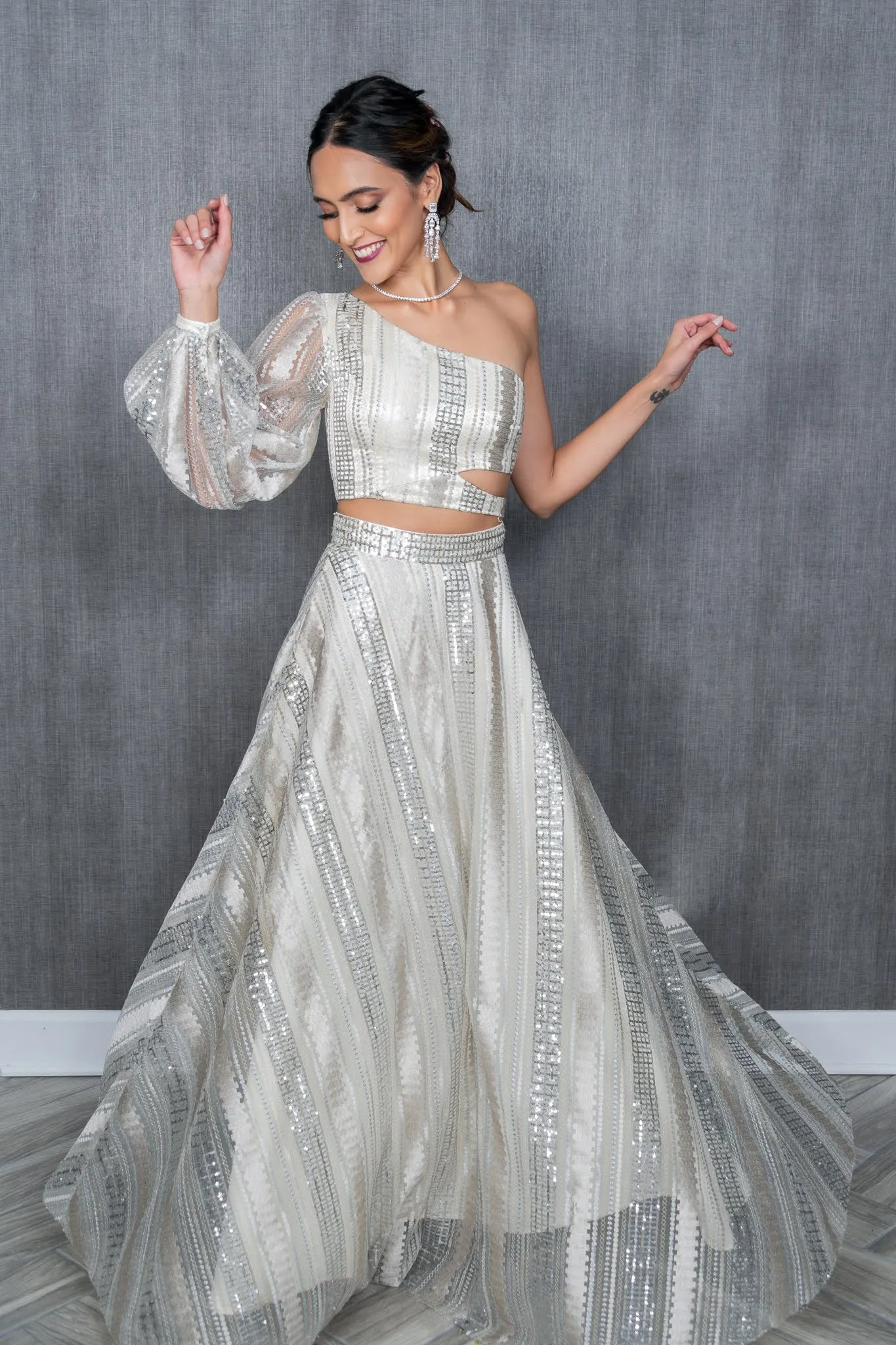 MAYRA White and Silver Sequin Lehenga Skirt