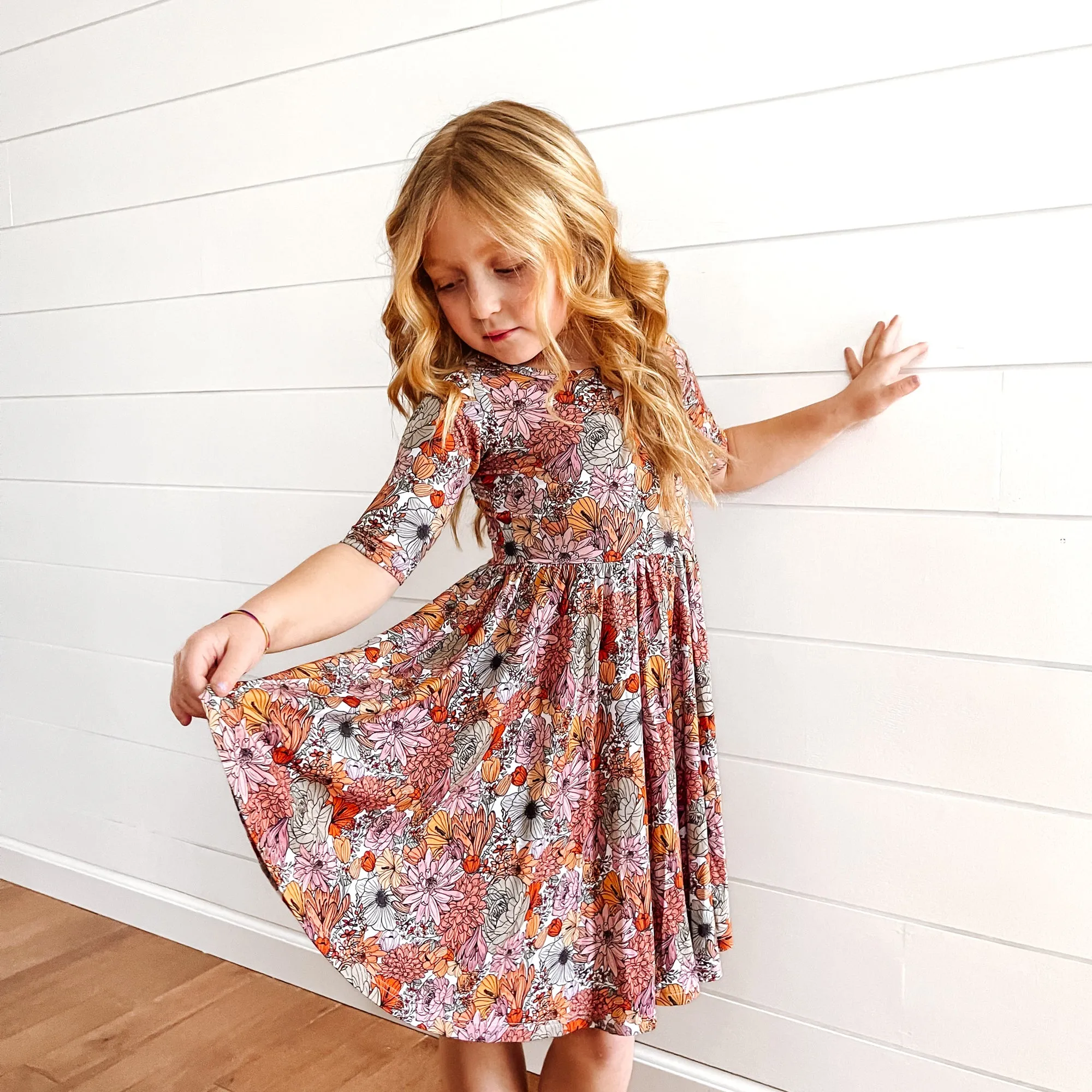 MID SLEEVE TWIRL DRESS- Autumn Floral