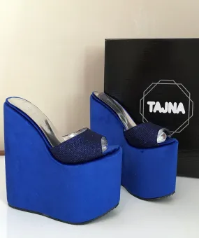 Mules Cobalt Blue Wedge Heel Platform High Heels Shoes