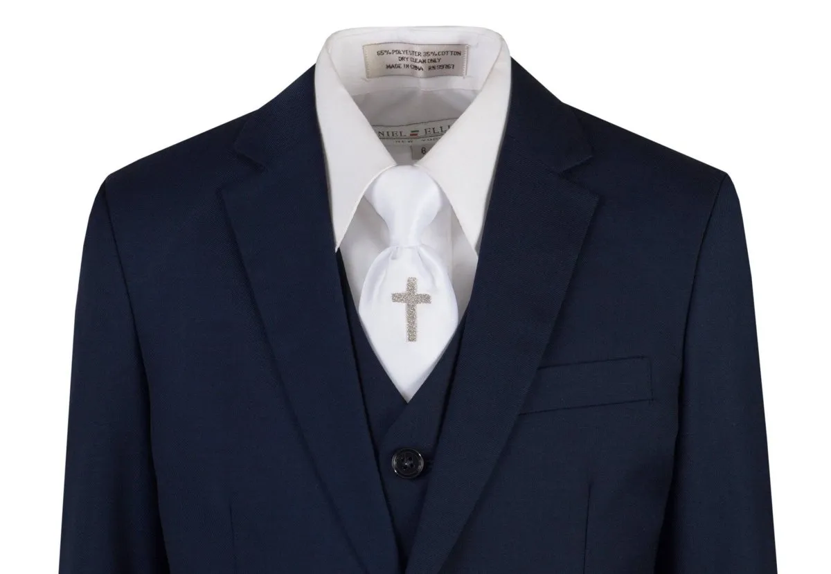 Navy Blue Slim Fit Communion Suit Religious Cross Neck Tie Boys Youth Sizes