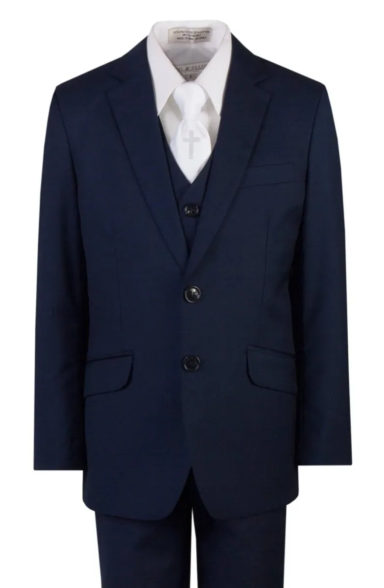 Navy Blue Slim Fit Communion Suit Religious Cross Neck Tie Boys Youth Sizes