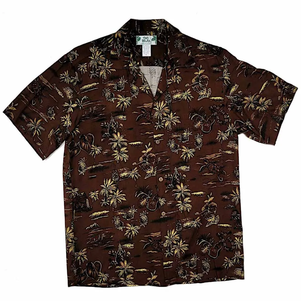 Old Hawaiian Retro Print with Pineapple and Palm Tree Shirt- Blue