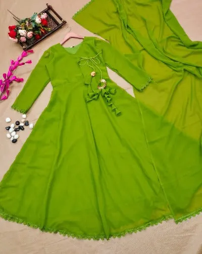 Parrot Green Georgette  Readymade Anarkali And Dupatta Set Of 2