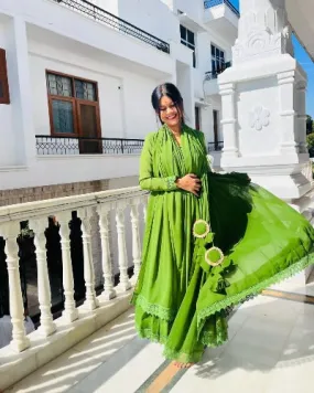 Parrot Green Georgette  Readymade Anarkali And Dupatta Set Of 2