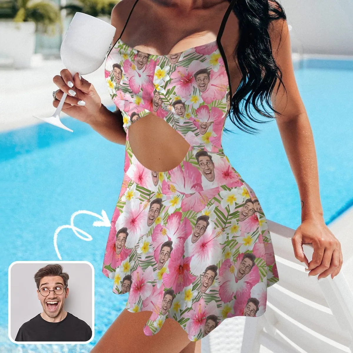 Personalized Face Swimsuit Dress Custom Face Pink Flowers Women's Cutout Cross Back Swimming Dress Face Bathing Suit