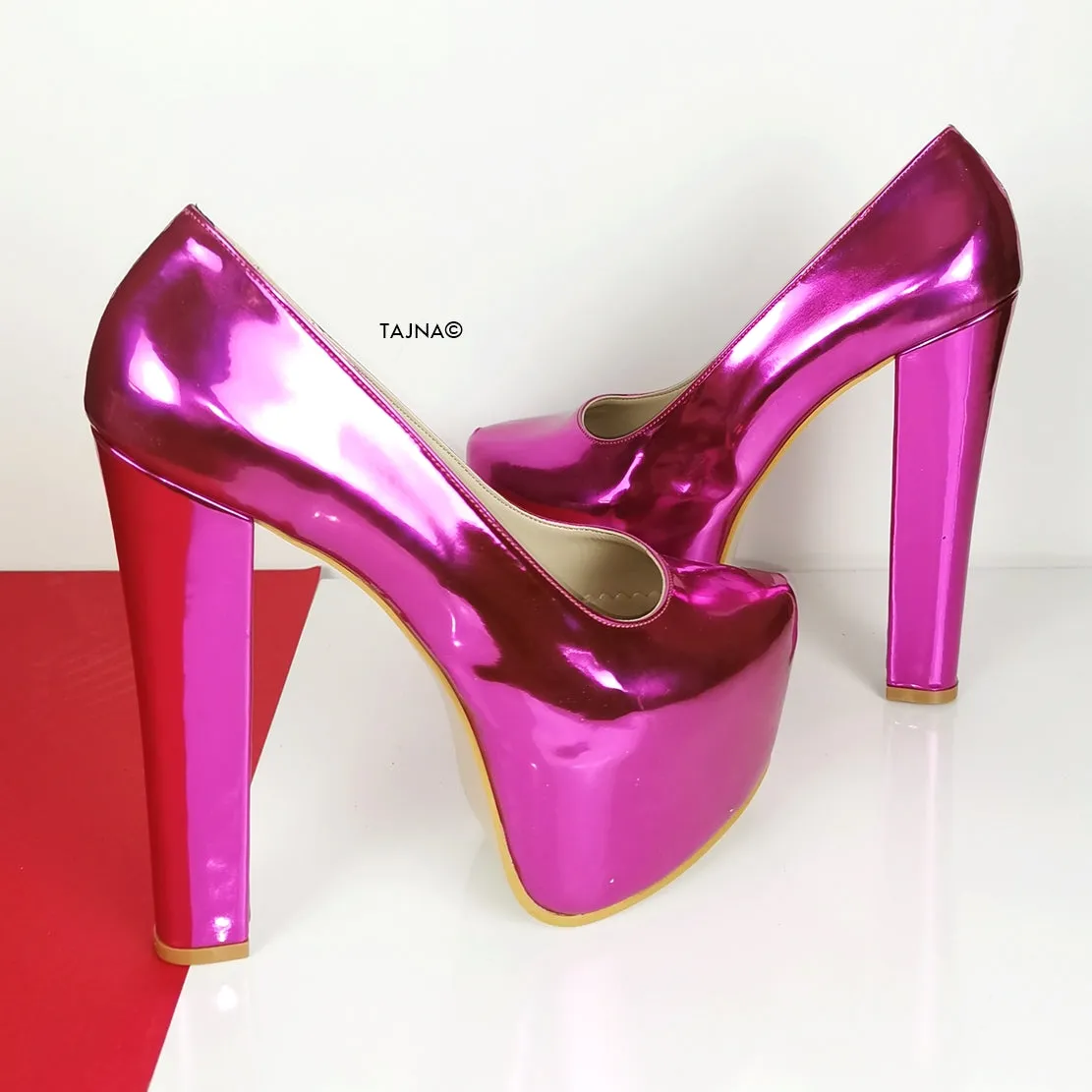 Pink Fucshia Mirror Chunky High Heels