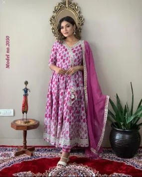 Pink Gotta Work Cotton Anarkali Suit Set