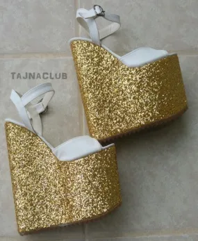 Sandals Wedge Heel Ankle Strap Gold Glitter Platform High Heels Shoes