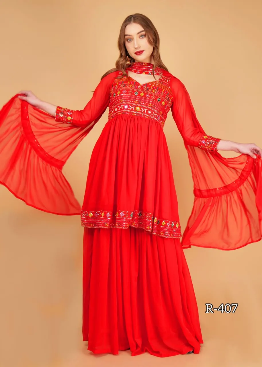 Stunning sharara 3-piece attire with heavy sequins  work in colors like Red -FOF001RS