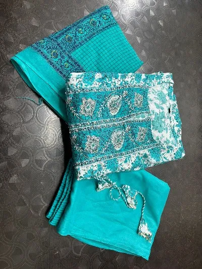 Turquoise Blue Adda Work Detailing Cotton Anarkali Suit Set