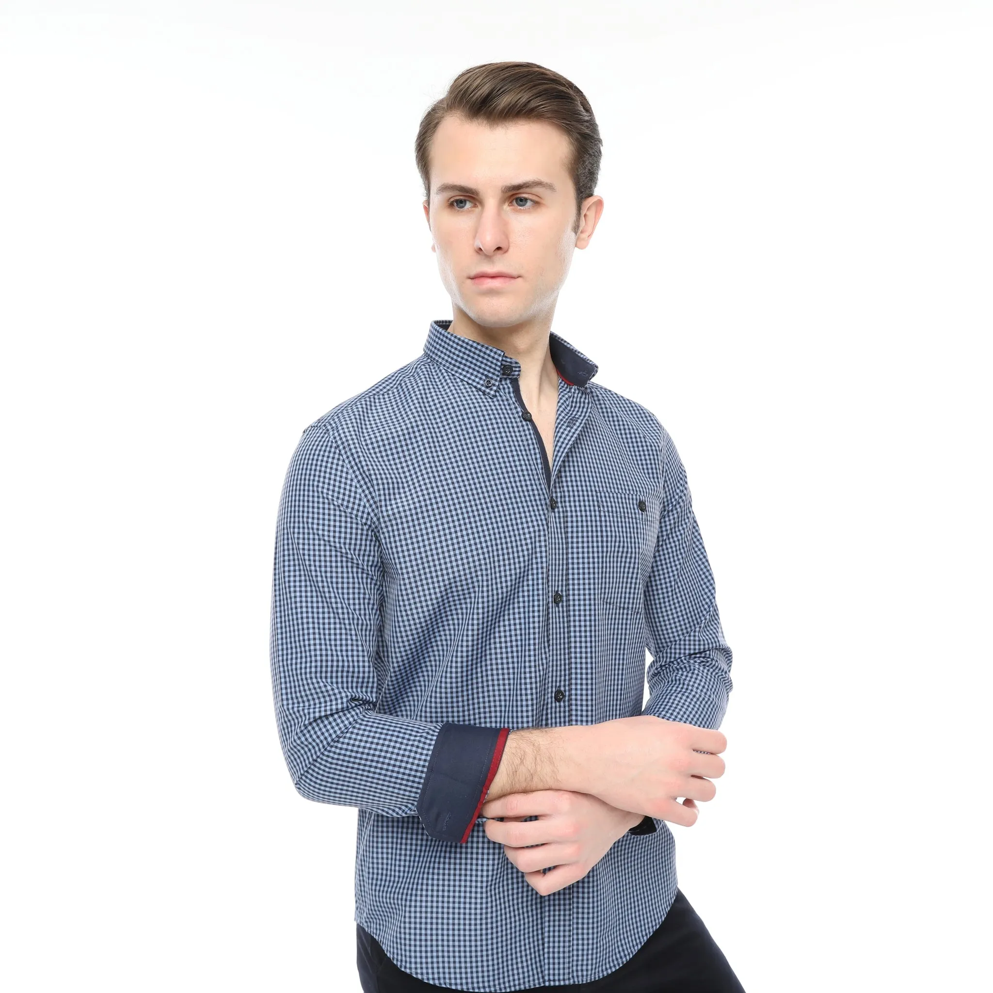 Xact Men's Gingham Check Shirt with Button-Down Collar - Long Sleeved