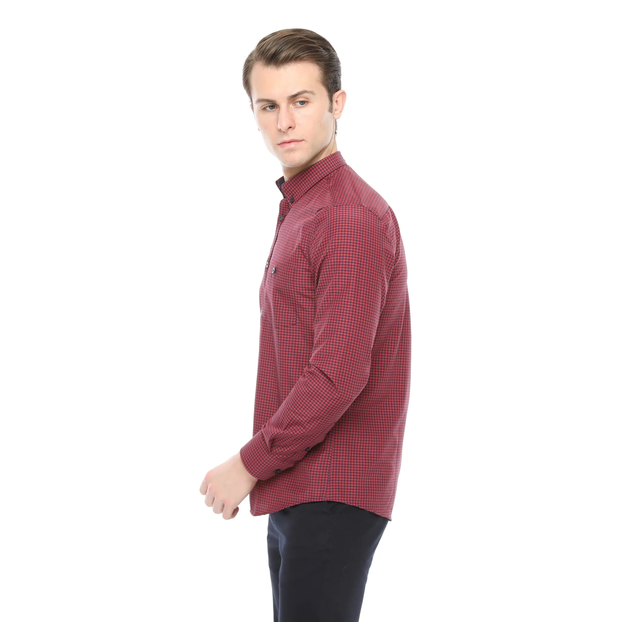 Xact Men's Gingham Check Shirt with Button-Down Collar - Long Sleeved