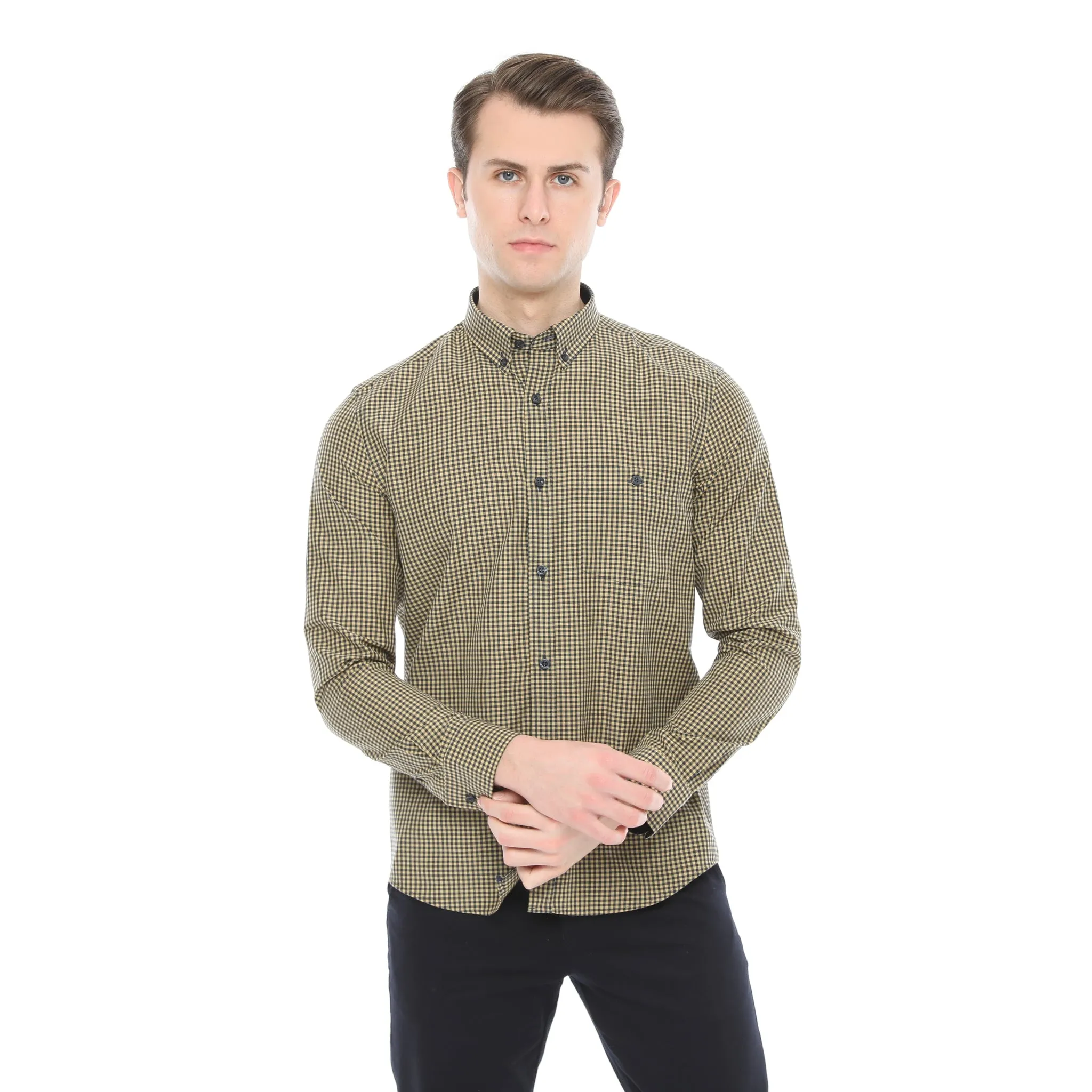 Xact Men's Gingham Check Shirt with Button-Down Collar - Long Sleeved