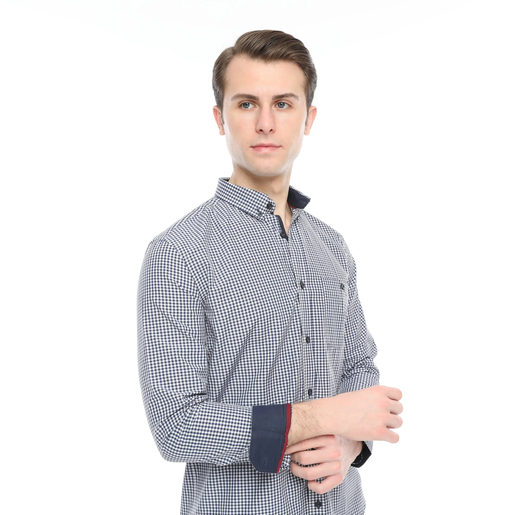 Xact Men's Gingham Check Shirt with Button-Down Collar - Long Sleeved