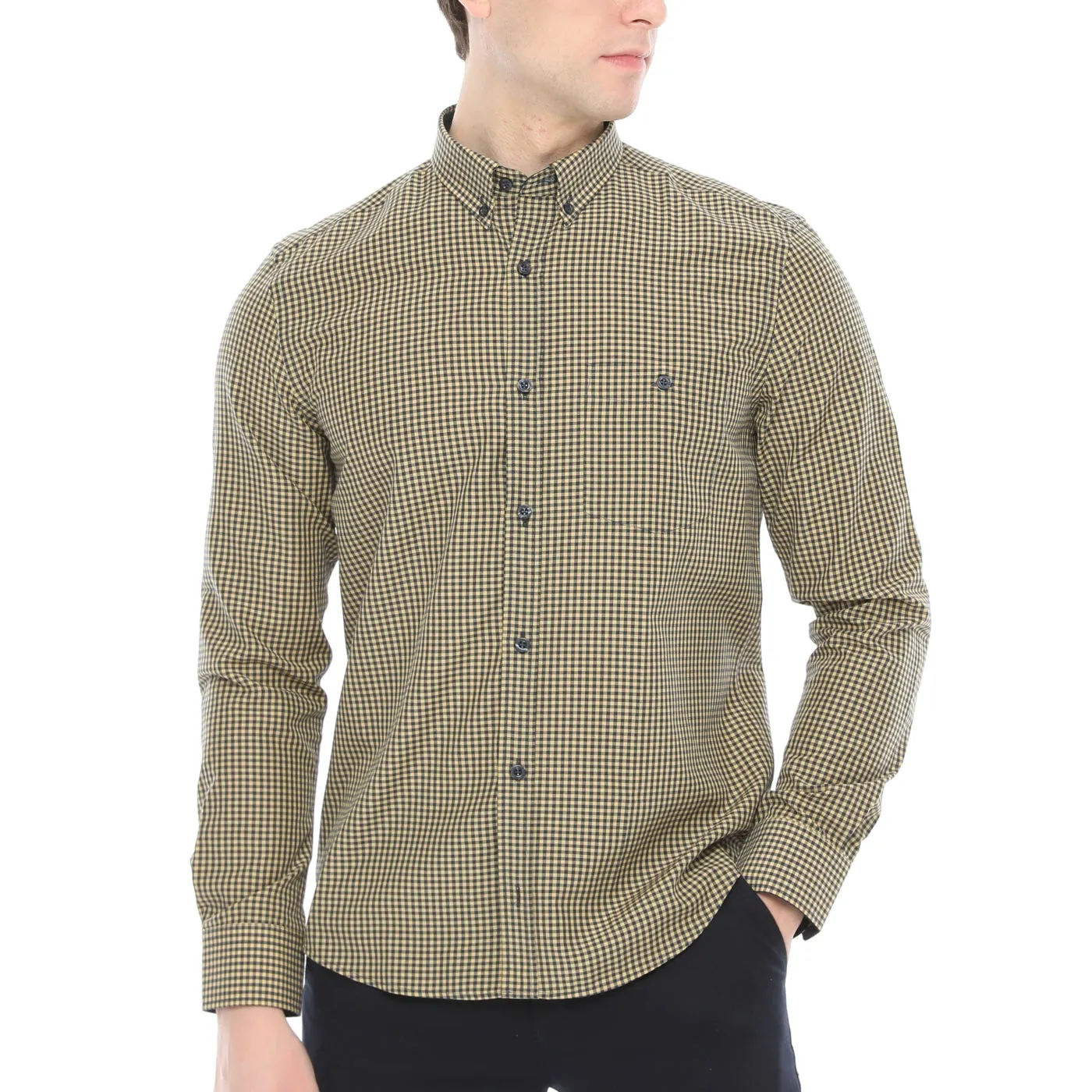 Xact Men's Gingham Check Shirt with Button-Down Collar - Long Sleeved