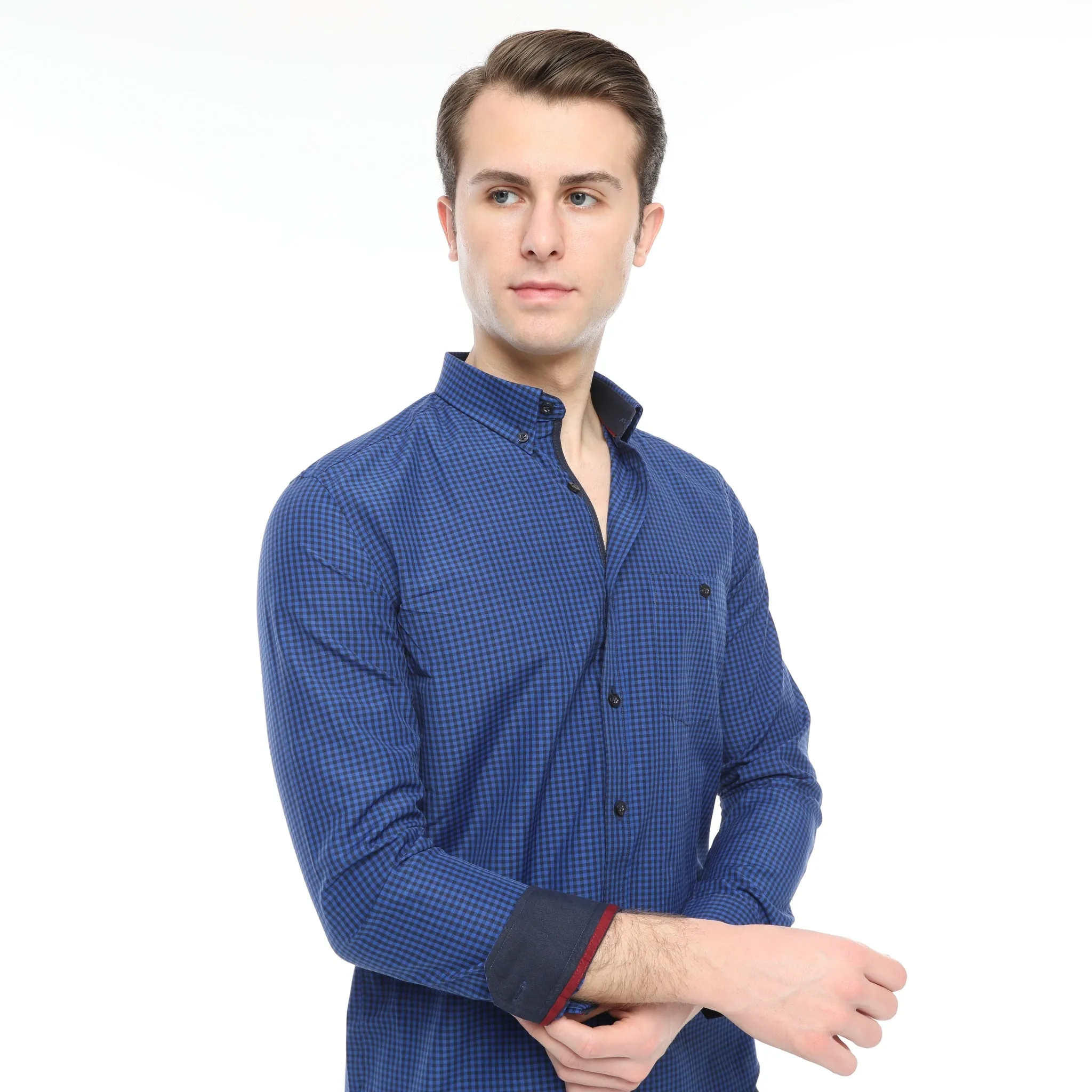 Xact Men's Gingham Check Shirt with Button-Down Collar - Long Sleeved