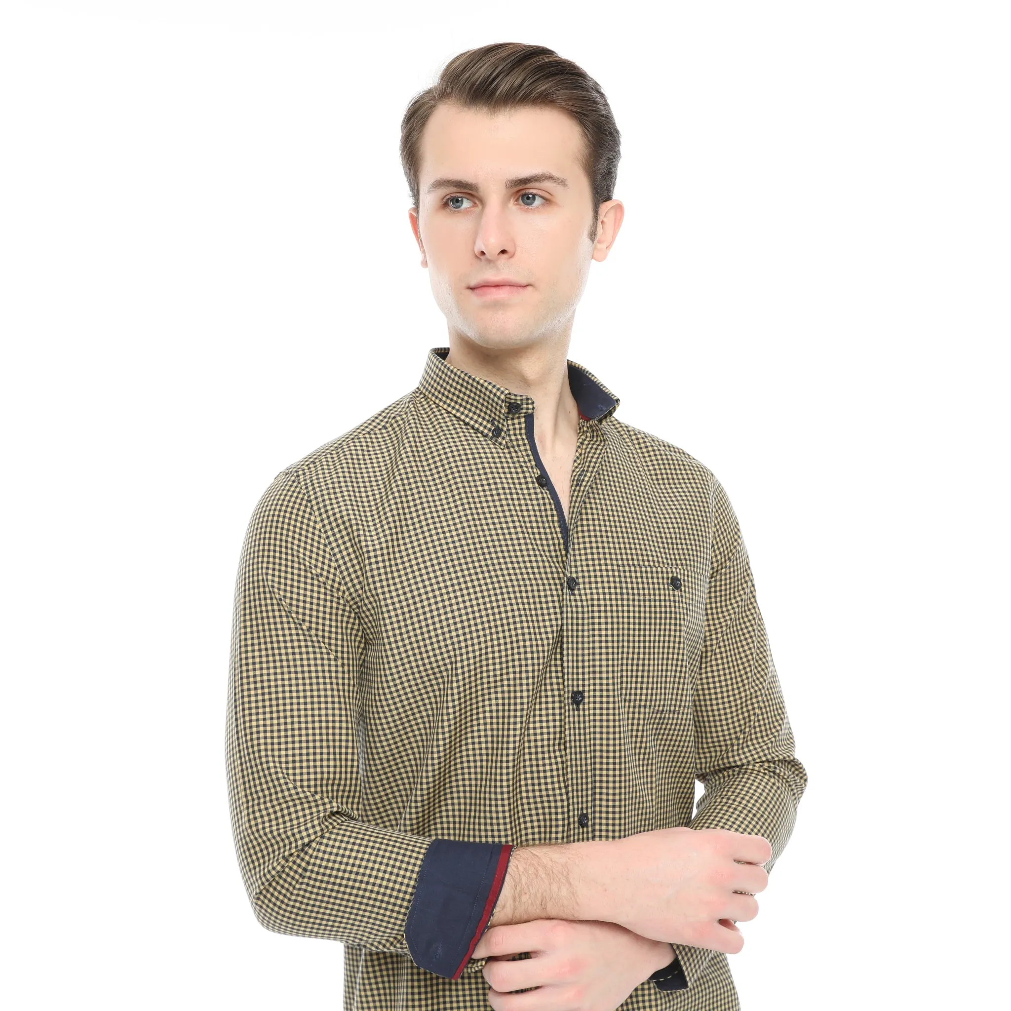 Xact Men's Gingham Check Shirt with Button-Down Collar - Long Sleeved