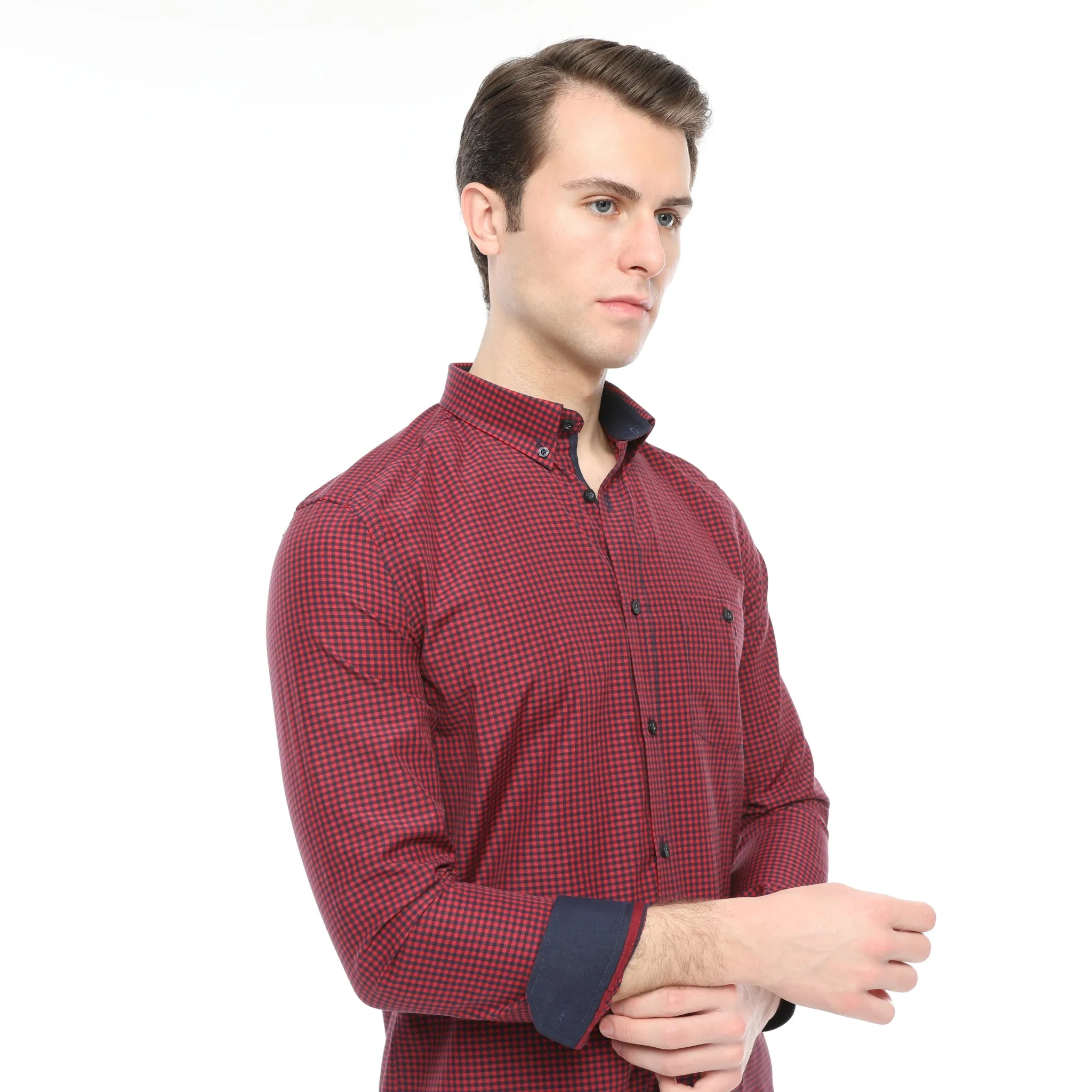 Xact Men's Gingham Check Shirt with Button-Down Collar - Long Sleeved