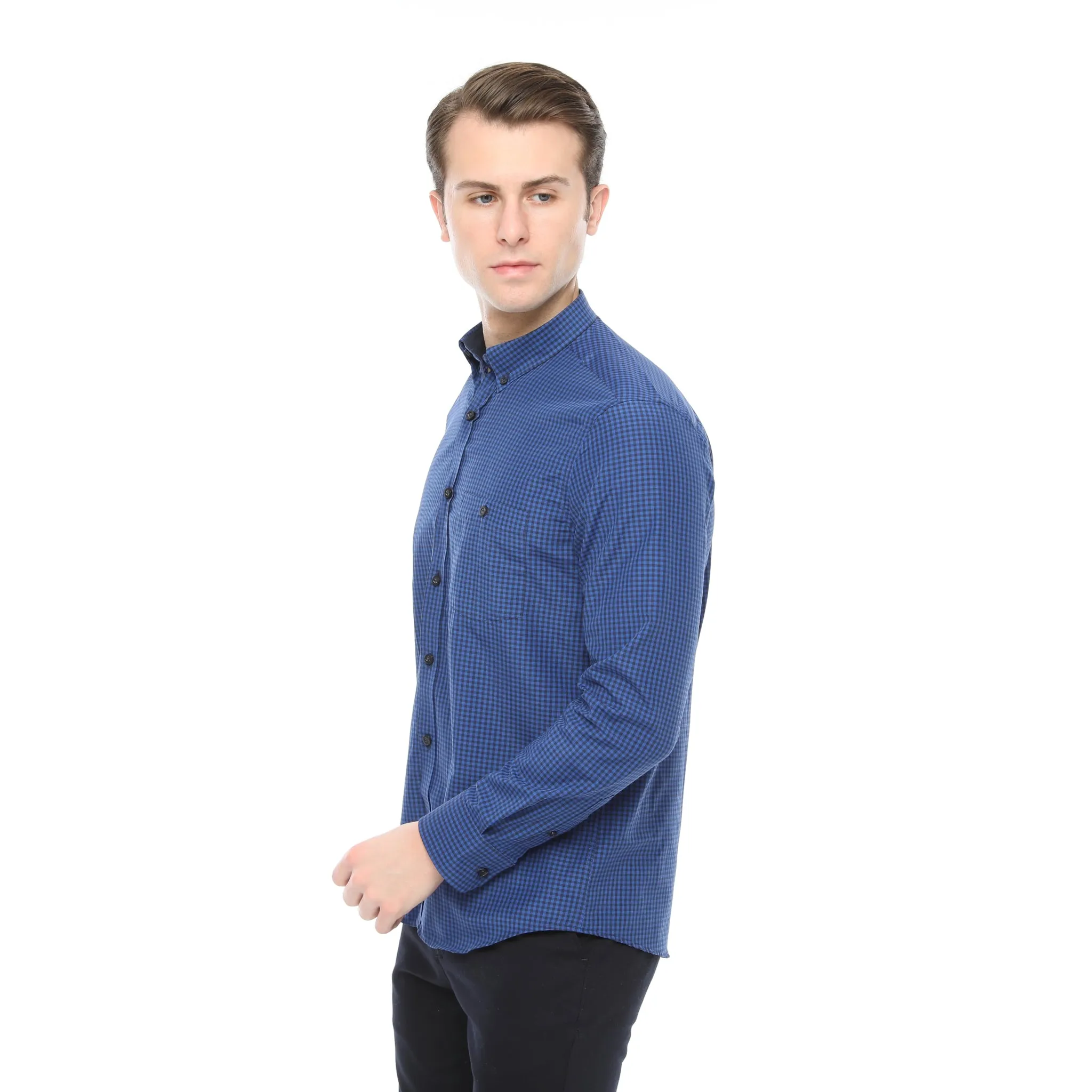 Xact Men's Gingham Check Shirt with Button-Down Collar - Long Sleeved