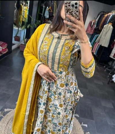 Yellow Cotton Saganeri Print Adda Work Anarkali Suit Set