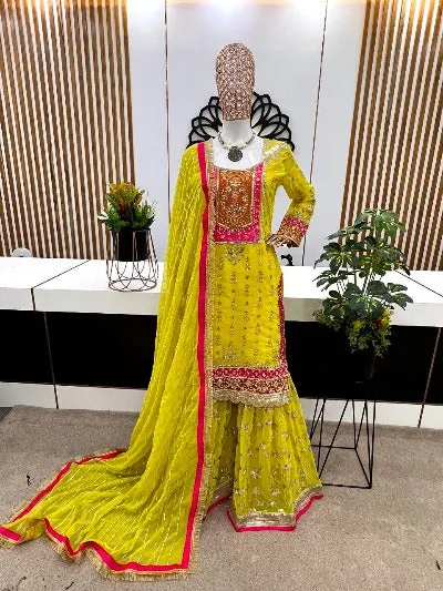 Yellow Designer Heavy Embroidered Sequence Work Gharara Suit Set