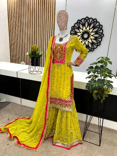 Yellow Designer Heavy Embroidered Sequence Work Gharara Suit Set